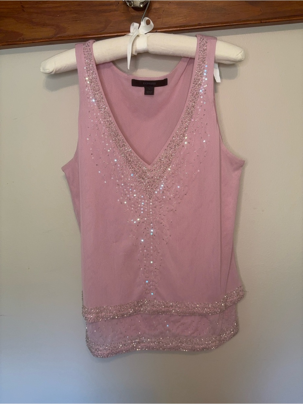 Express Pink Beaded V-Neck Sleeveless Top Mesh